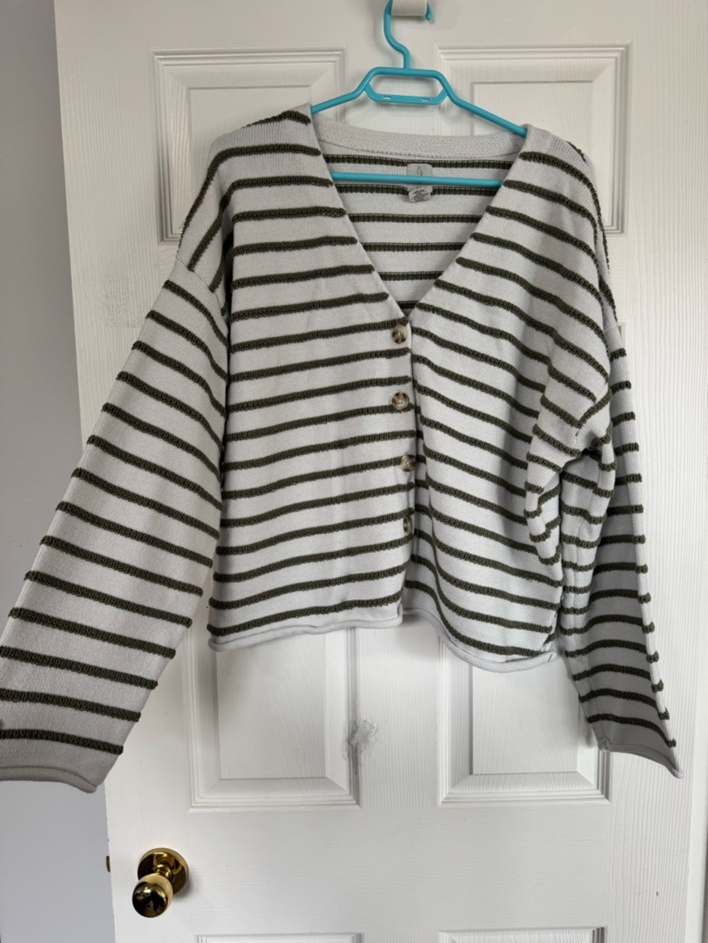 Joie White and Olive Striped V-Neck Button-Front Cardigan